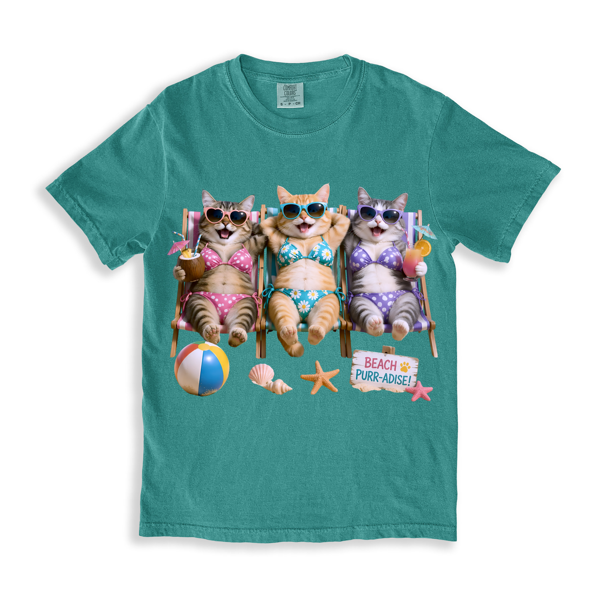 Cat Beach T-shirt - SeaFoam