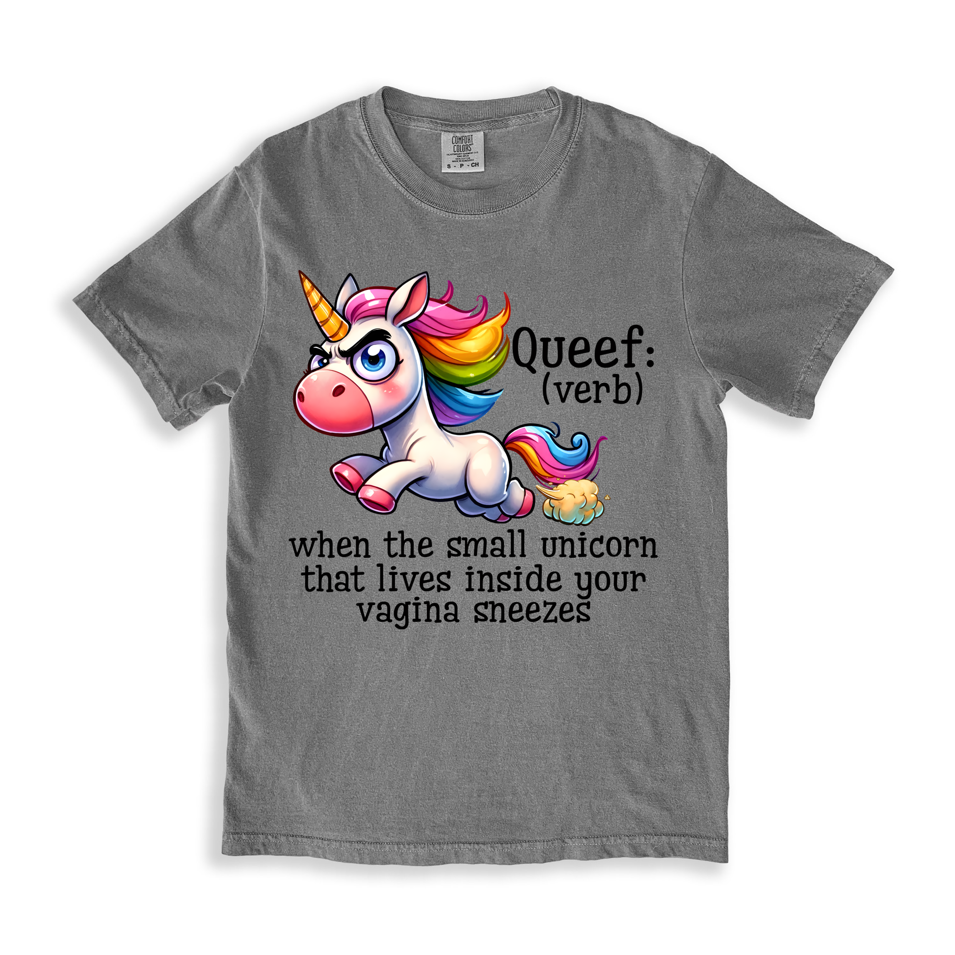 Sarcastic Queef Unicorn (verb) T-shirt - Grey